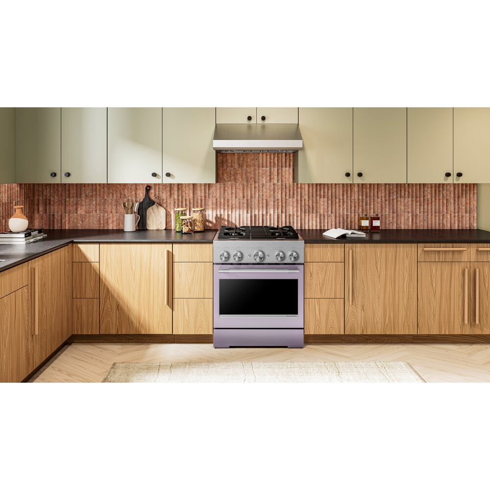 Lavender 30-inch dual fuel range with four burners and stainless steel accents in modern kitchen with wood cabinets and backsplash