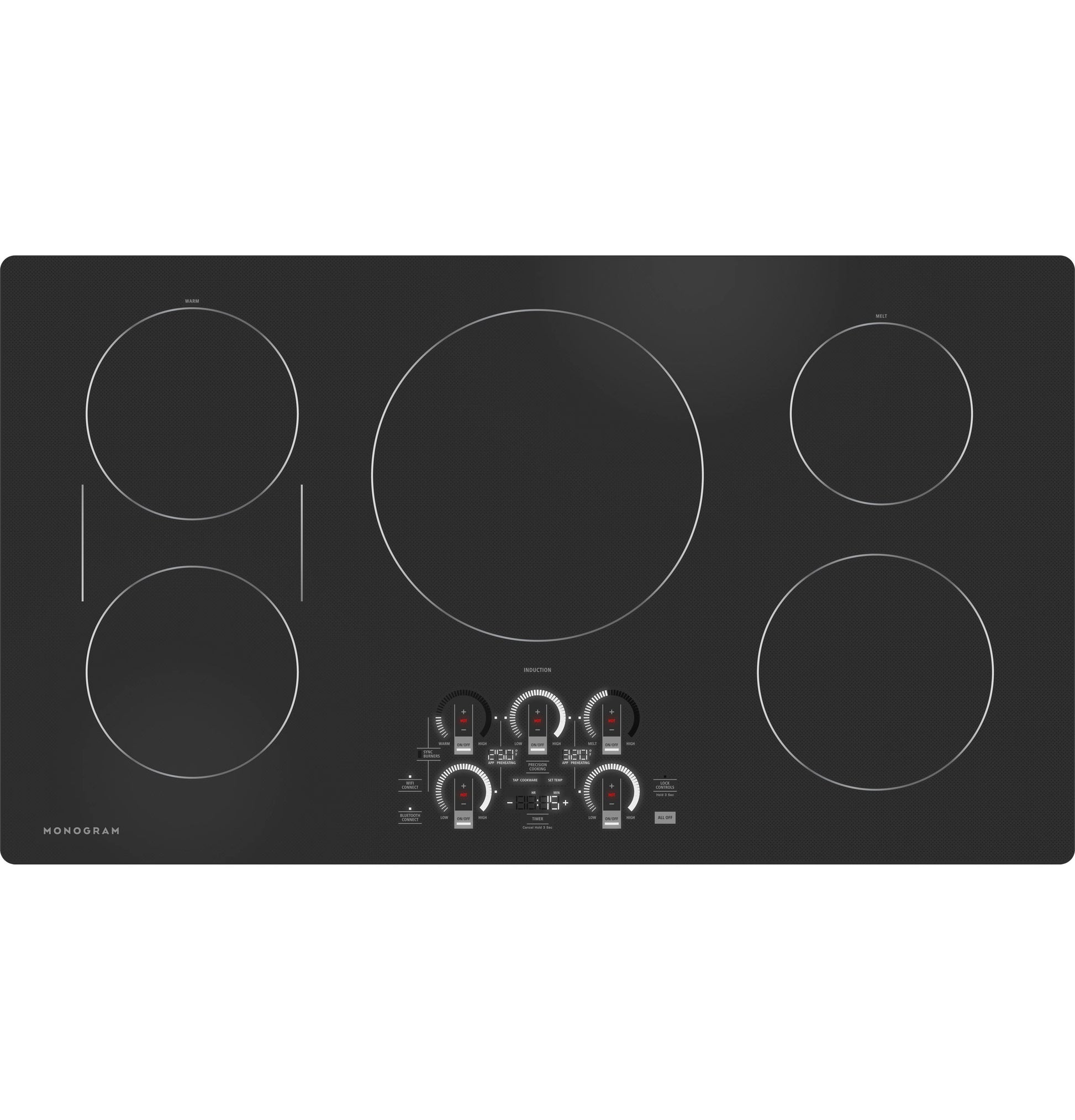 Black Monogram black glass induction cooktop with five cooking zones and control knobs from kitchen appliances collection