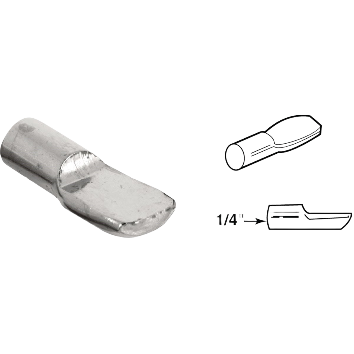 Nickel finish spoon-style metal shelf support peg with diagram for shelving and storage accessories collection