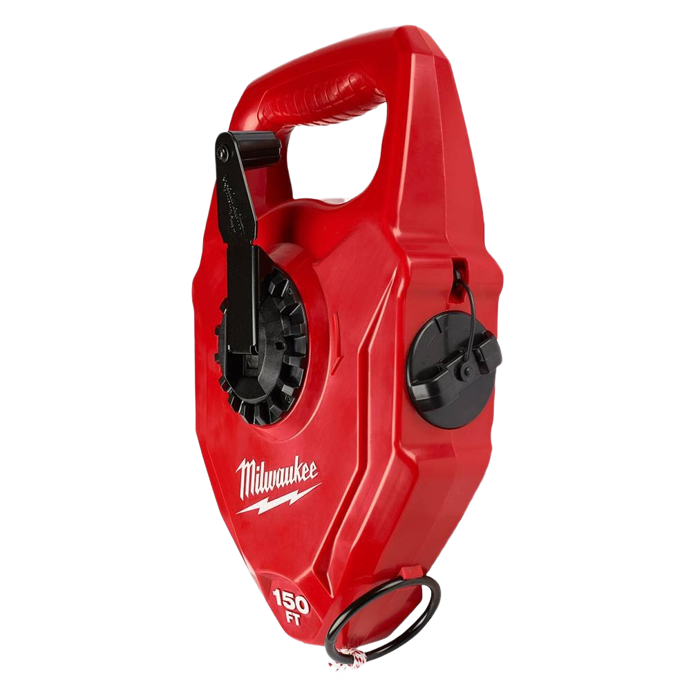 Red Milwaukee chalk reel with 150-foot capacity and sturdy metal handle for woodworking and measuring tool collections