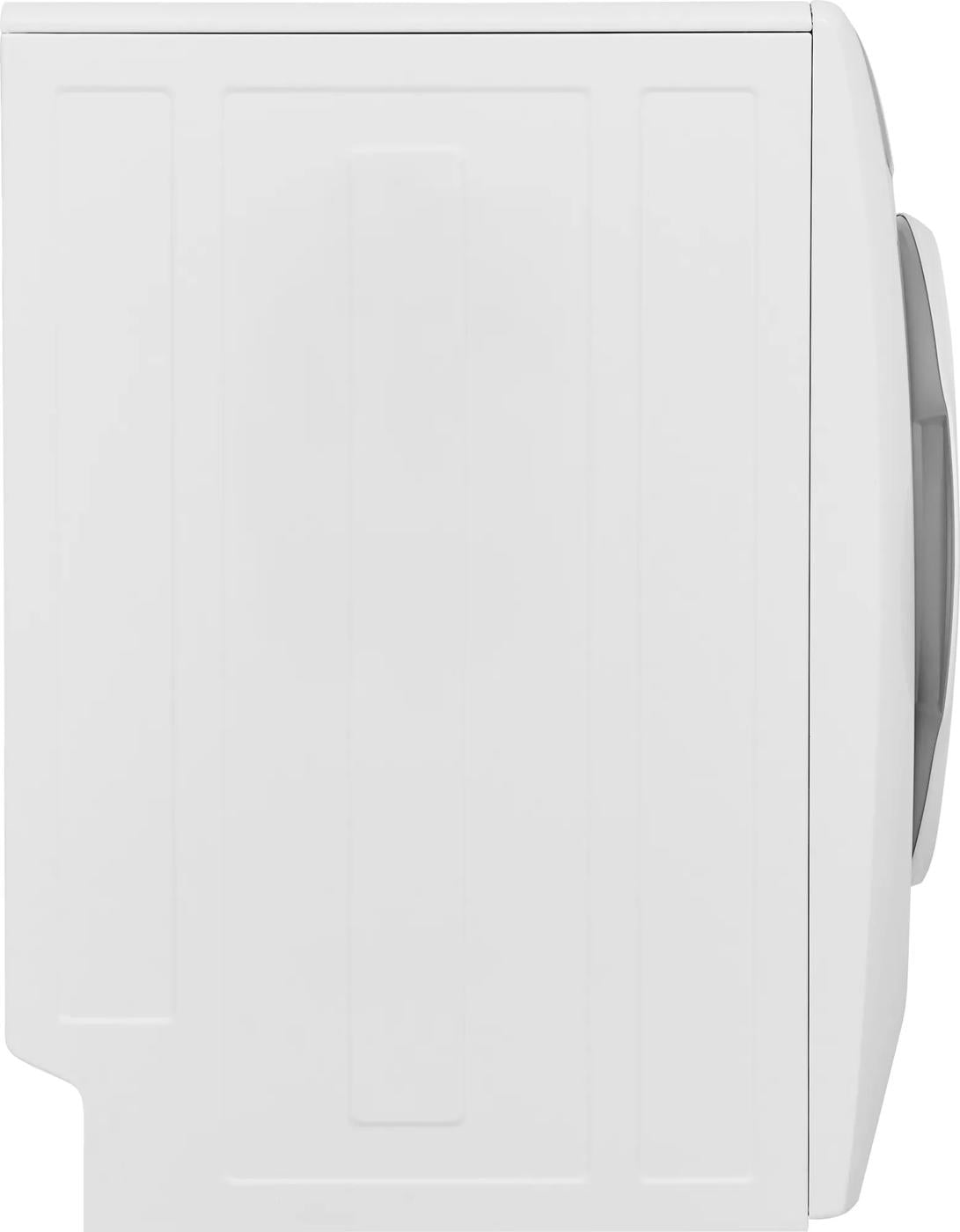 Side view of white front load electric dryer in the dryers and appliances collection for home improvement