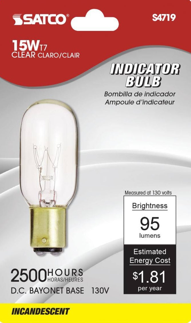 Clear incandescent indicator bulb with D.C. bayonet base for lighting and electrical home improvement needs