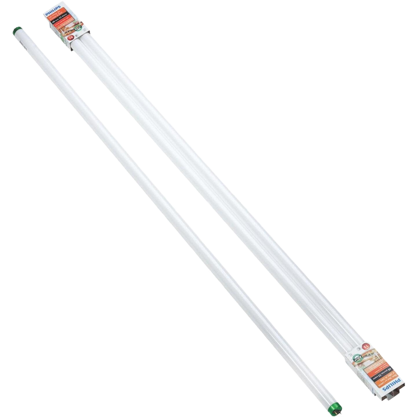 Two bright white T8 fluorescent tube lights with medium bi-pin bases for home improvement and electrical use
