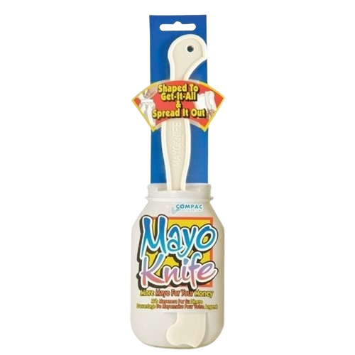 Compact plastic spreader tool designed to scrape and spread mayonnaise jars, useful kitchen utensil under $50 collections