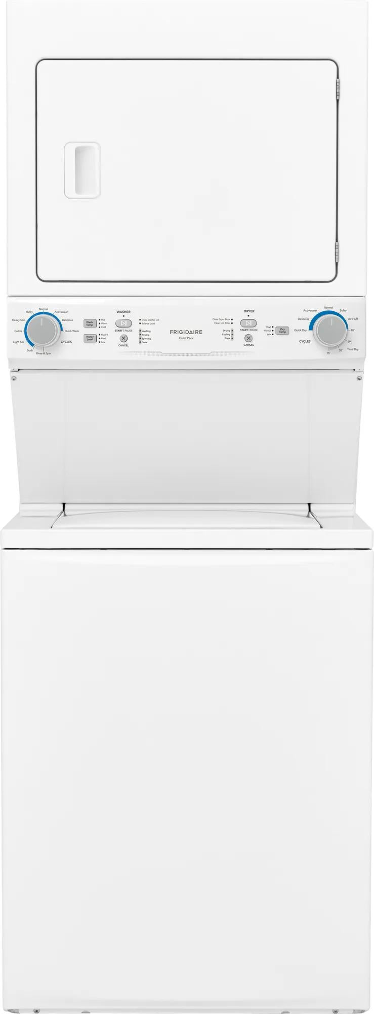 White stacked electric washer and dryer laundry center with dual control knobs and front-load dryer door, part of appliance laundry centers at Hartville Hardware.