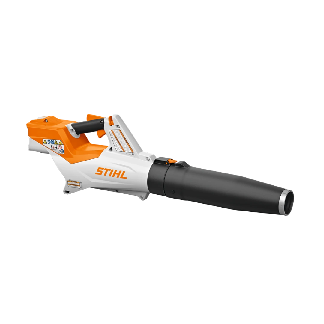 Battery-powered handheld blower in orange, white, and black designed for outdoor tools and home improvement use