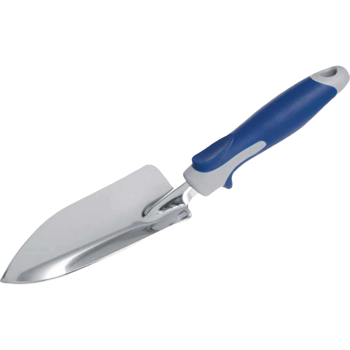 Steel hand garden trowel with a blue ergonomic handle designed for comfortable gardening and home improvement tasks