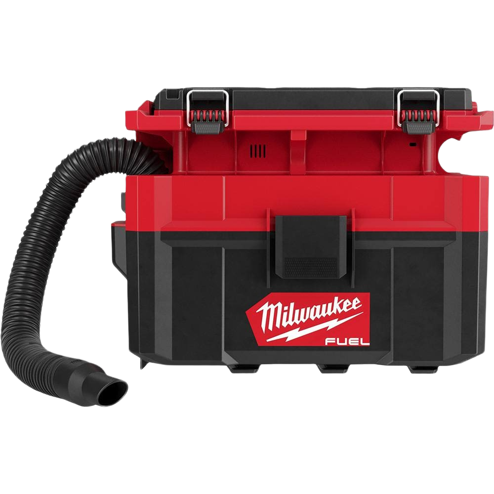 Compact red and black cordless wet/dry vacuum with removable hose designed for tools and home improvement tasks