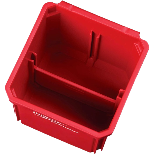 Red plastic storage bin with divider designed for organizing tools in Milwaukee PACKOUT™ system collections