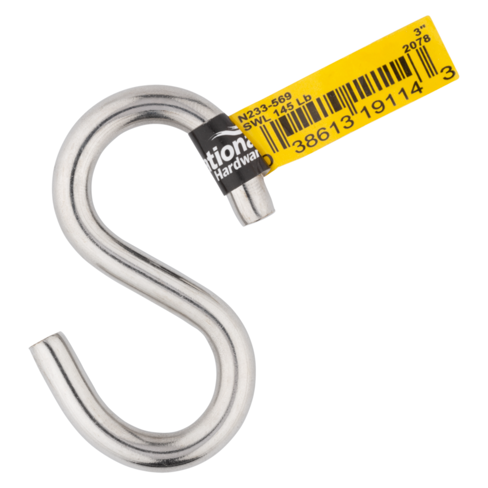 3-inch stainless steel heavy open S hook with product tag, for hardware, fasteners, and home improvement projects under $50