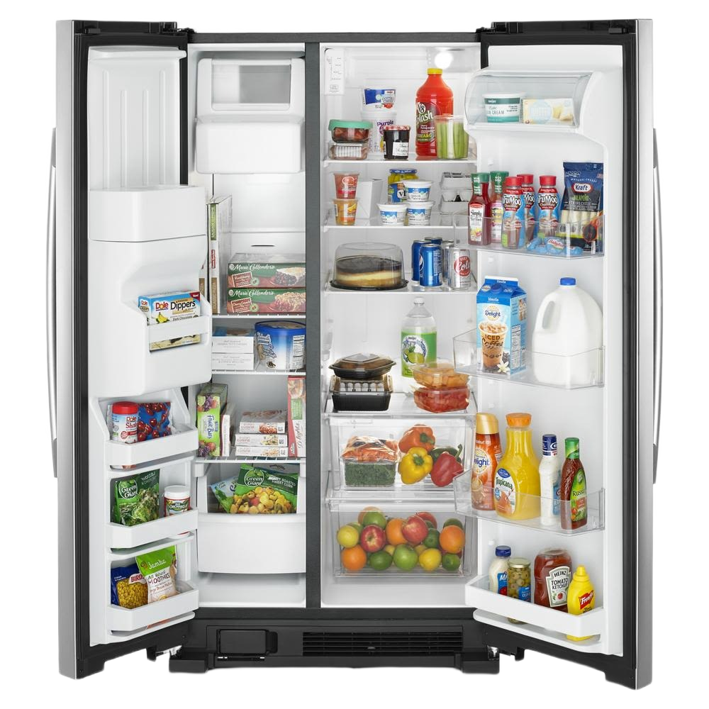 33-inch side-by-side refrigerator in stainless steel with organized shelves of food and beverages in kitchen setting