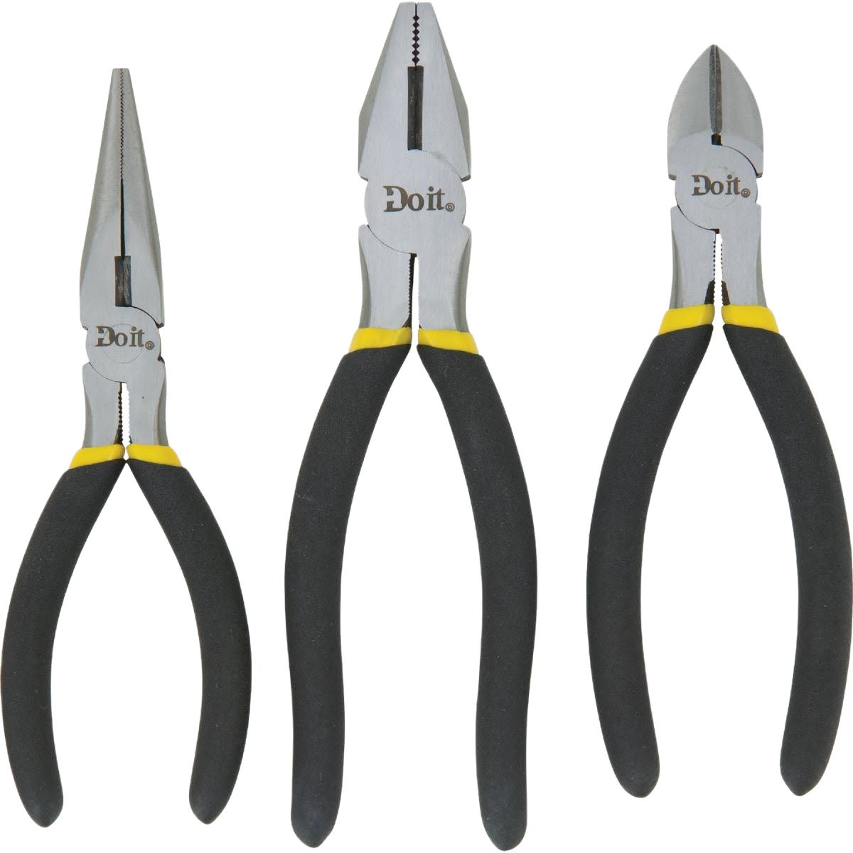 Set of steel pliers with black and yellow cushioned grips for home improvement and general tools use
