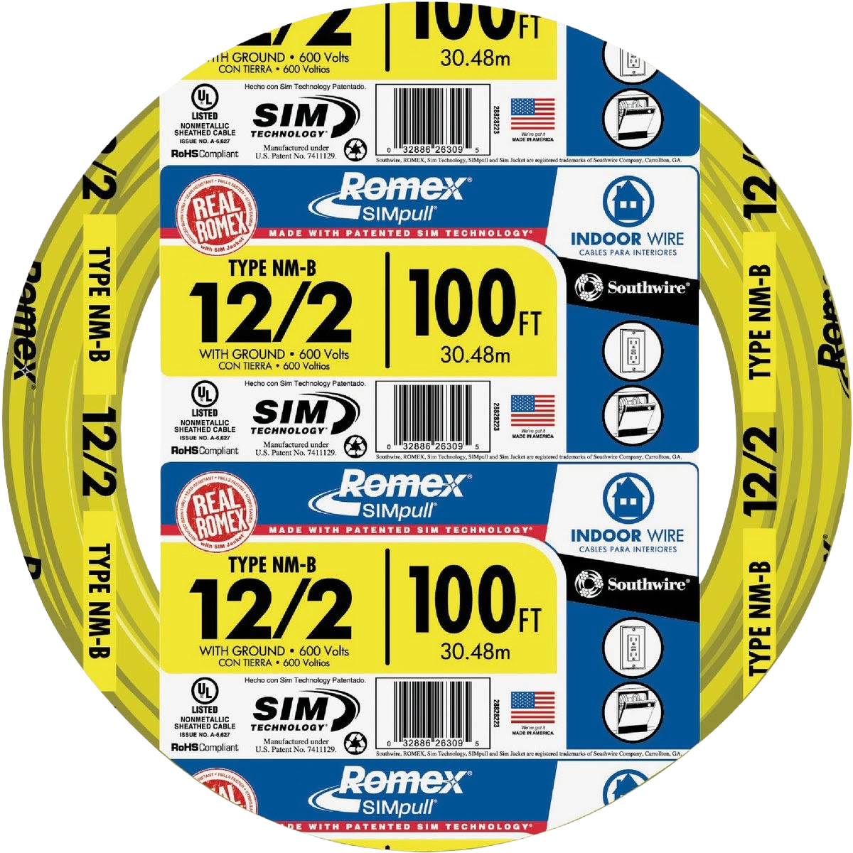 Yellow 100 ft. 12-2 solid wire spool for indoor electrical use in building wire and home improvement projects
