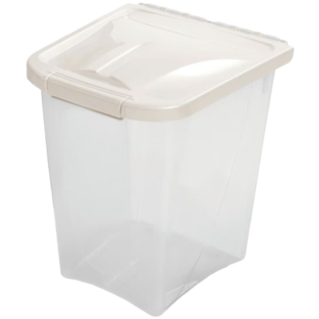 Clear plastic pet food container with secure beige lid for food storage in pet and farm collections under $50