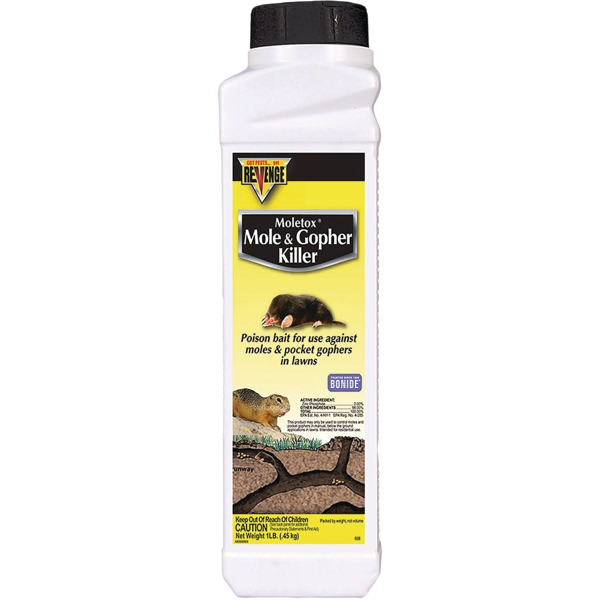 White plastic container of mole and gopher killer pellets for lawn pest control in insect and pest collections