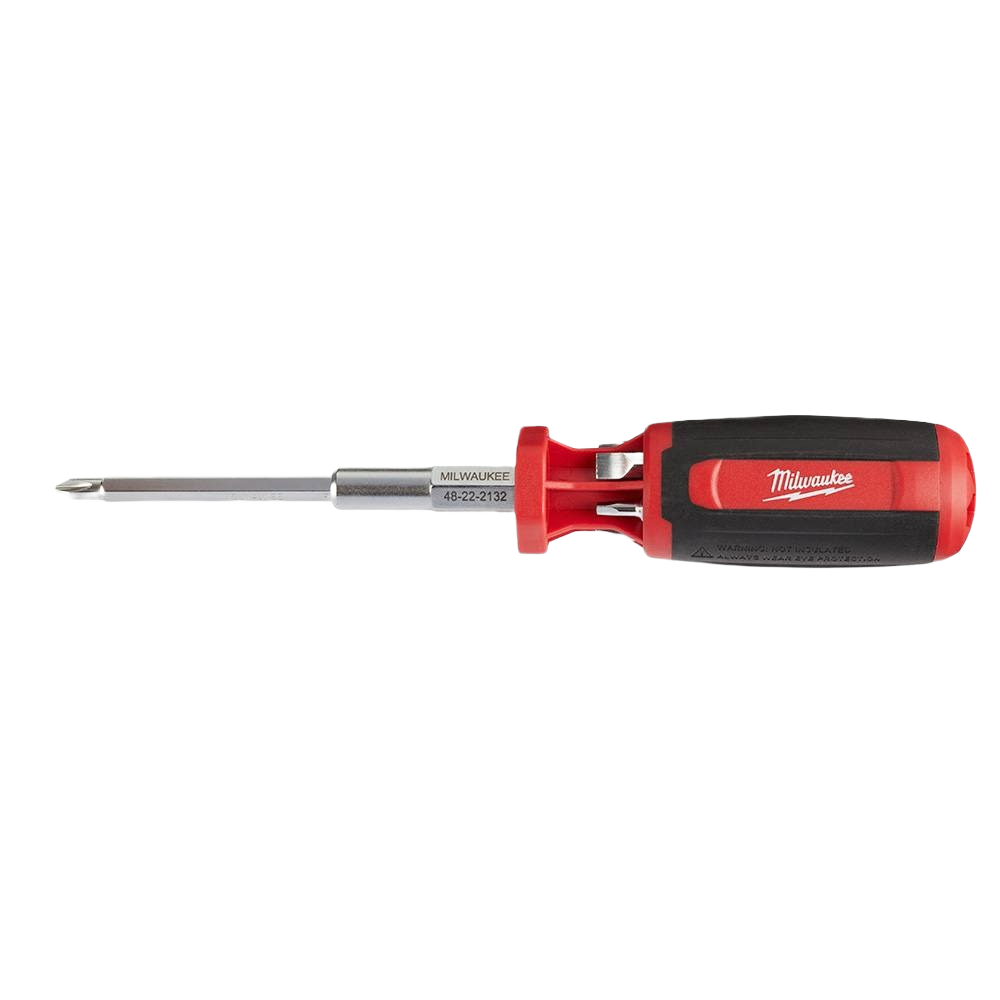Red and black multi-bit screwdriver with chrome shaft and interchangeable bits for versatile home improvement tasks