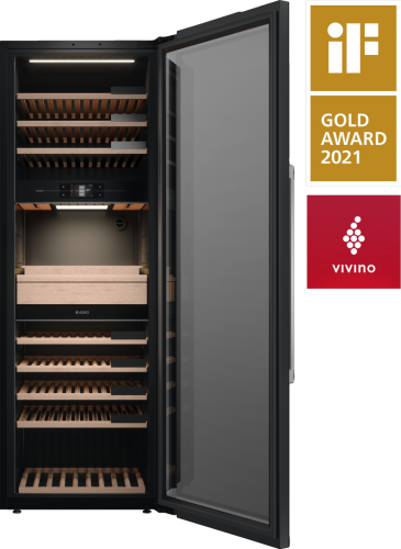 Tall black wine climate cabinet with wooden racks and digital controls for kitchen appliances collections