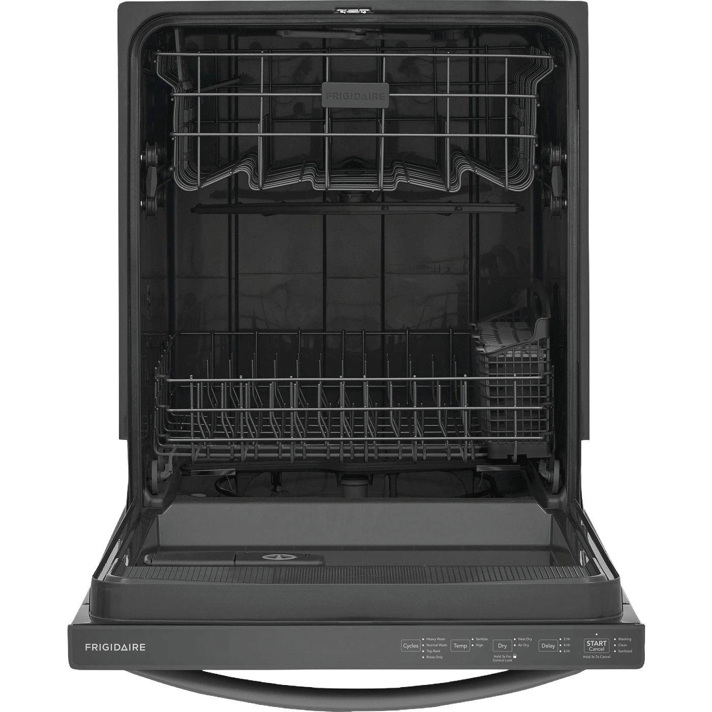 Open black built-in dishwasher showing empty racks and control panel, ideal for kitchen appliances and home improvement.