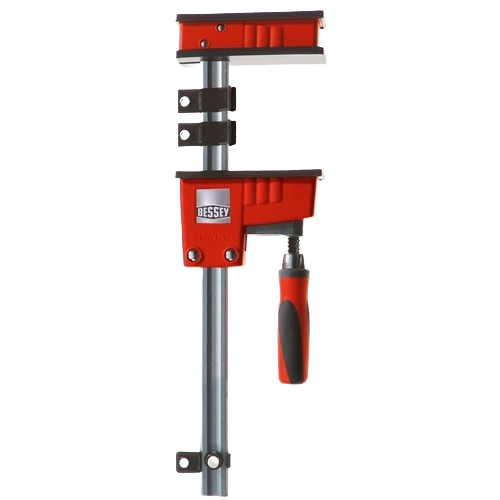 Red and silver K body clamp with ergonomic handle for woodworking and home improvement projects