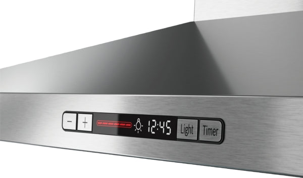 Stainless steel wall-mounted range hood with digital timer and LED display from Bosch Over the Range Hoods collection