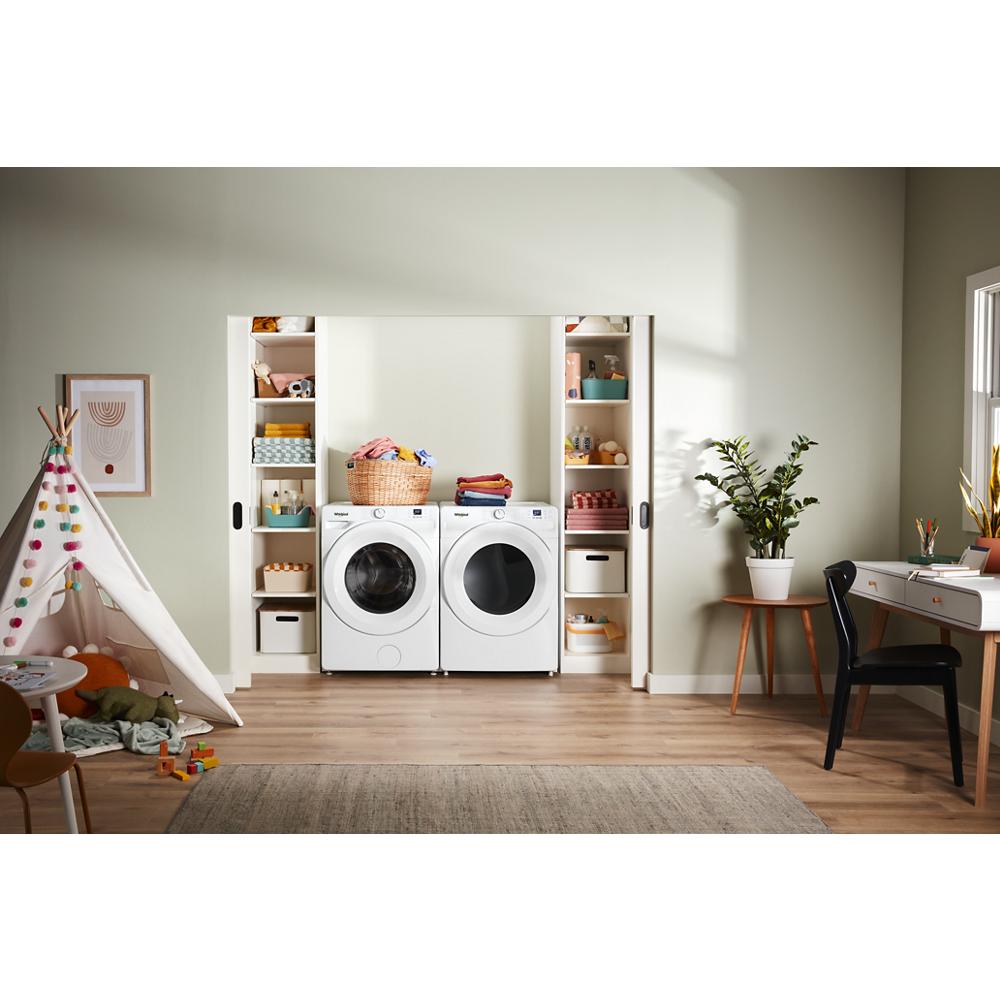 White front load washer and dryer set with organized shelving in a bright laundry room from Dryers collection