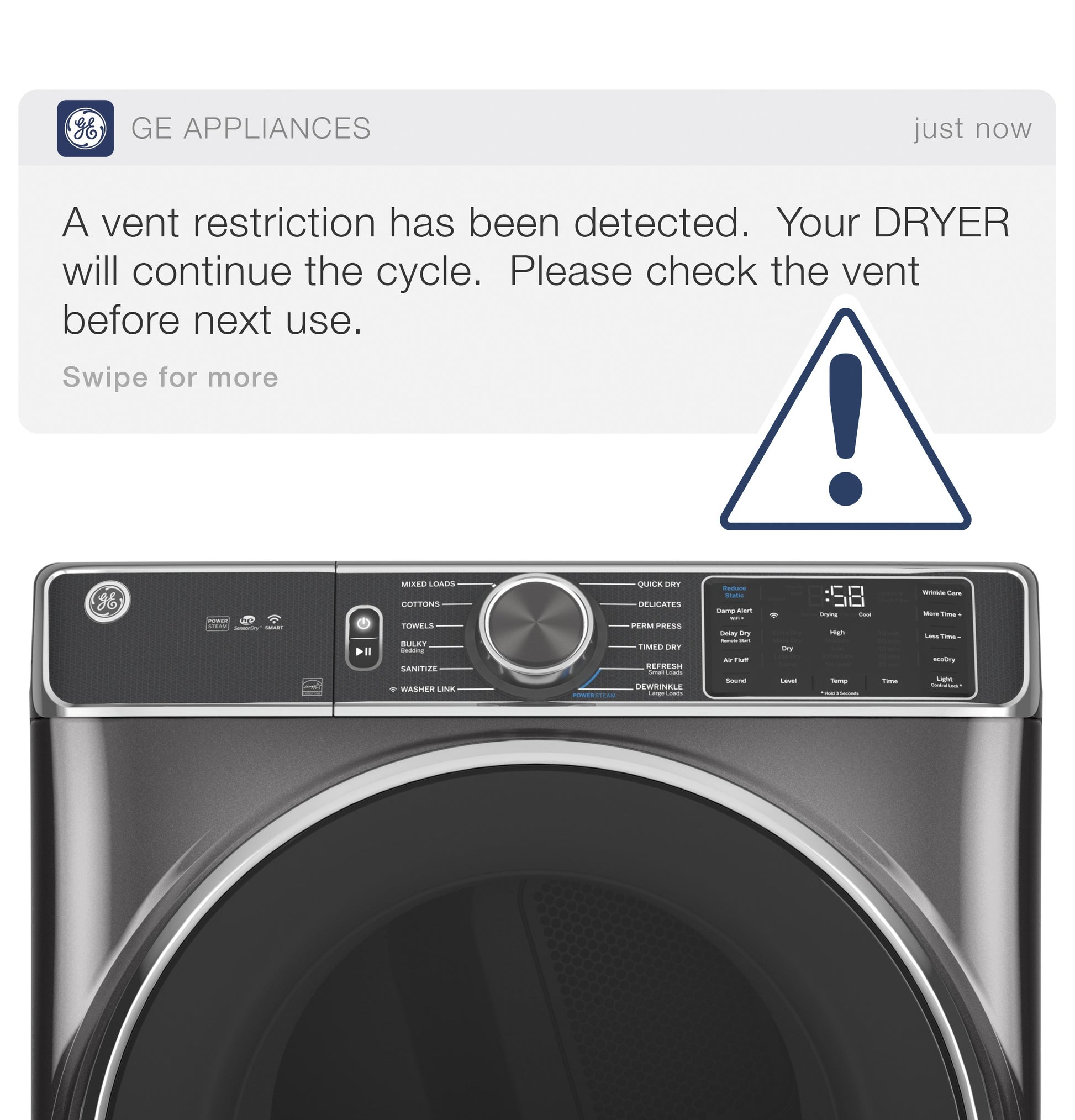 Dark gray smart front load electric dryer with digital control panel displaying vent restriction alert message and warning icon