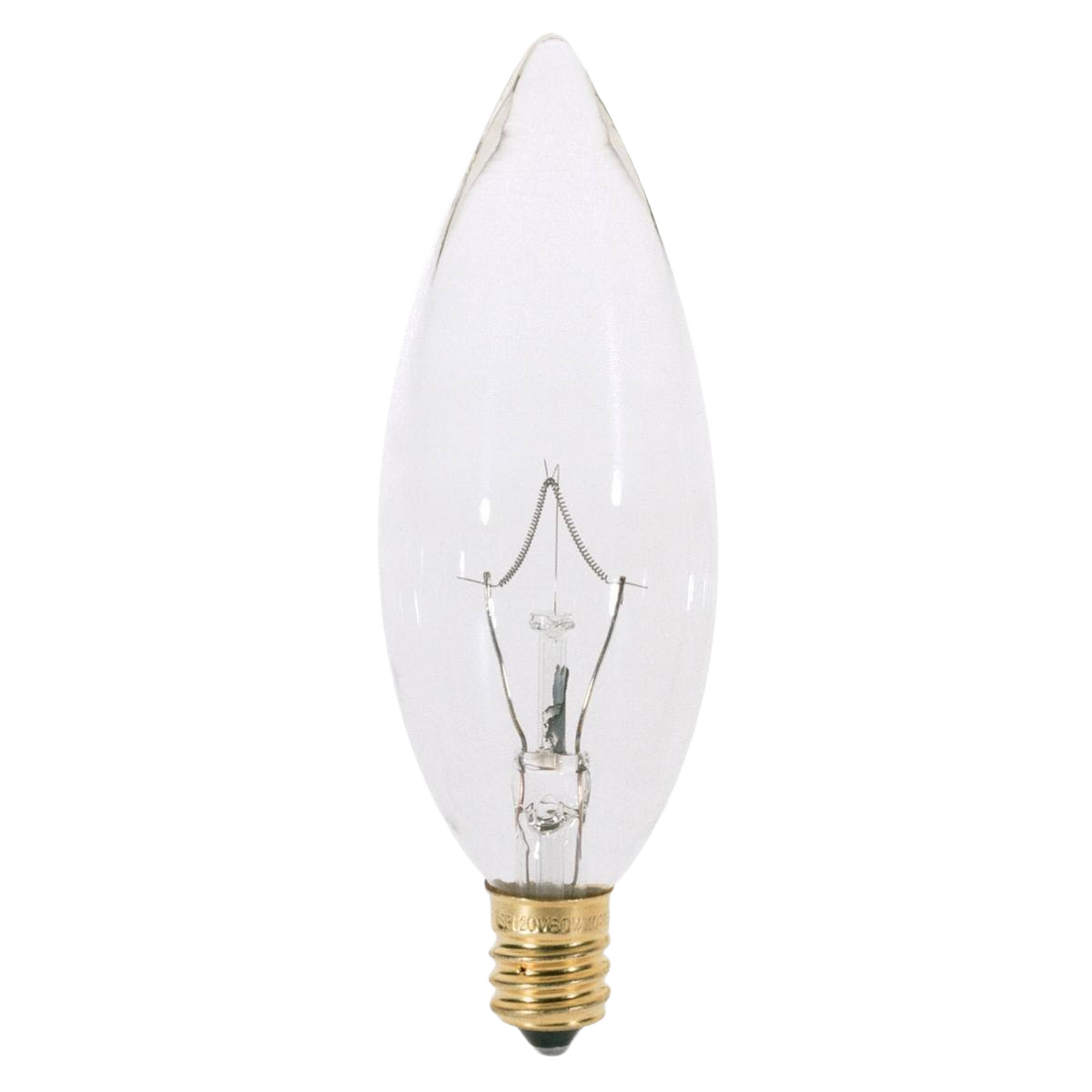 Clear 25 watt incandescent candelabra light bulb with brass base for home lighting and improvement needs