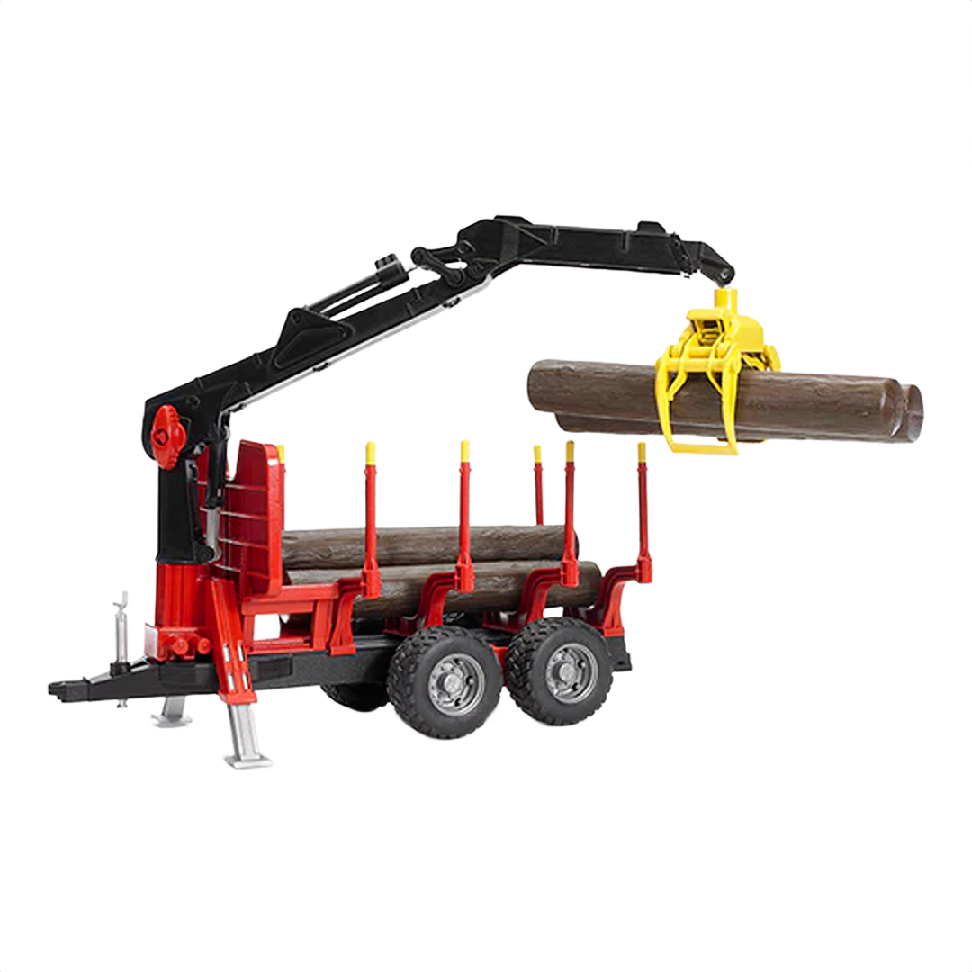 Red and black toy forestry trailer with crane and logs, part of Bruder Toys in Vehicles & Remote Controlled Toys collection.