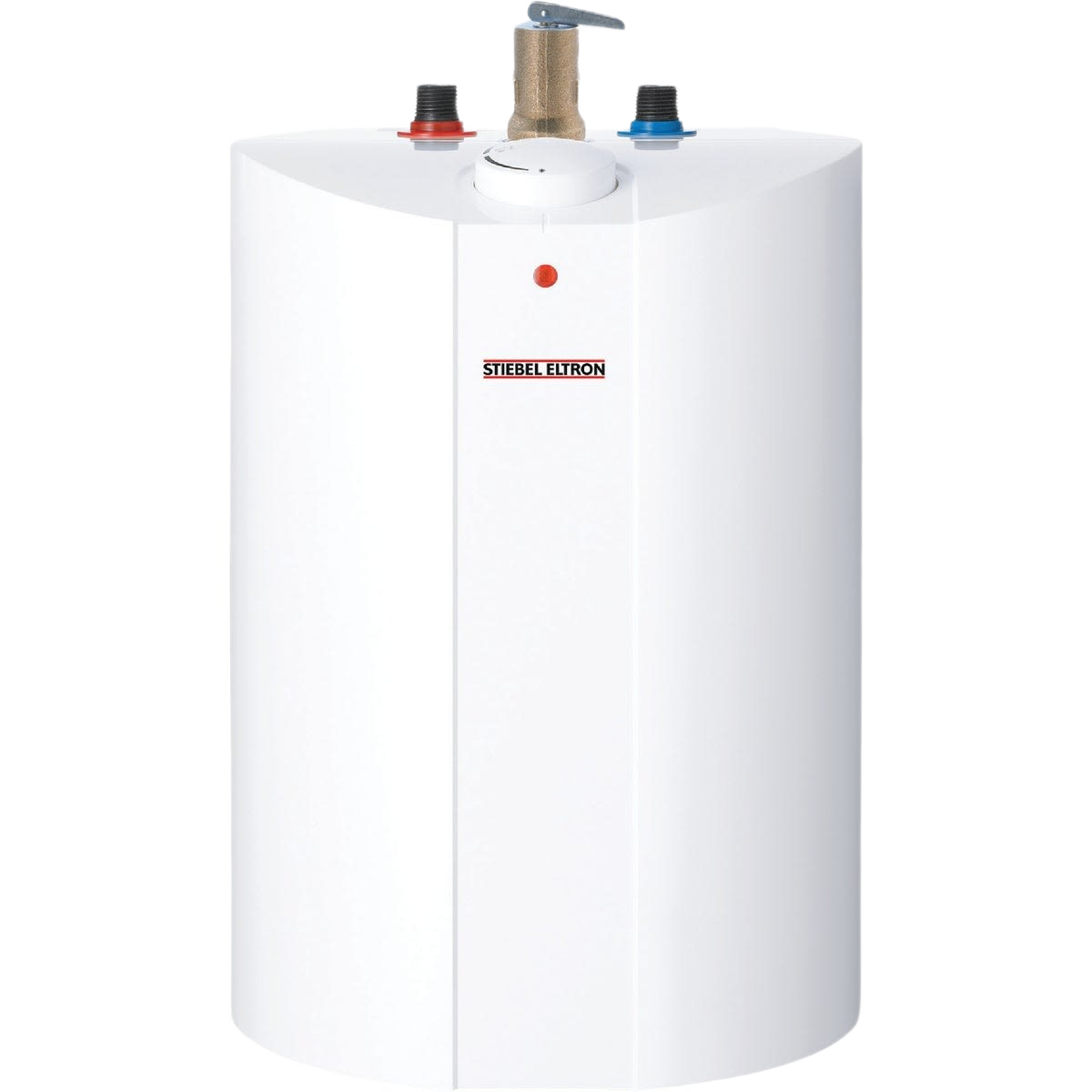 Compact white electric water heater with brass fittings for point-of-use applications in home improvement projects