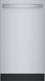 Front view of a stainless steel built-in dishwasher with minimalist handle in kitchen appliances and Bosch collections