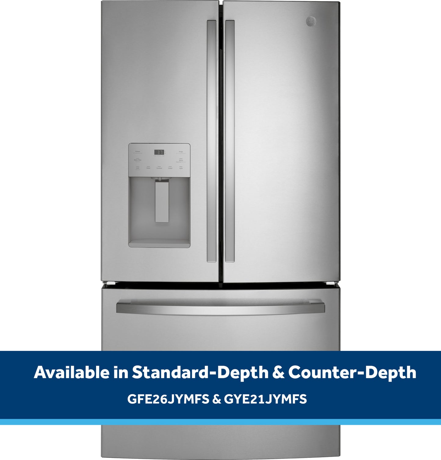 Fingerprint resistant stainless steel French-door refrigerator with bottom freezer and external water dispenser in appliances collection