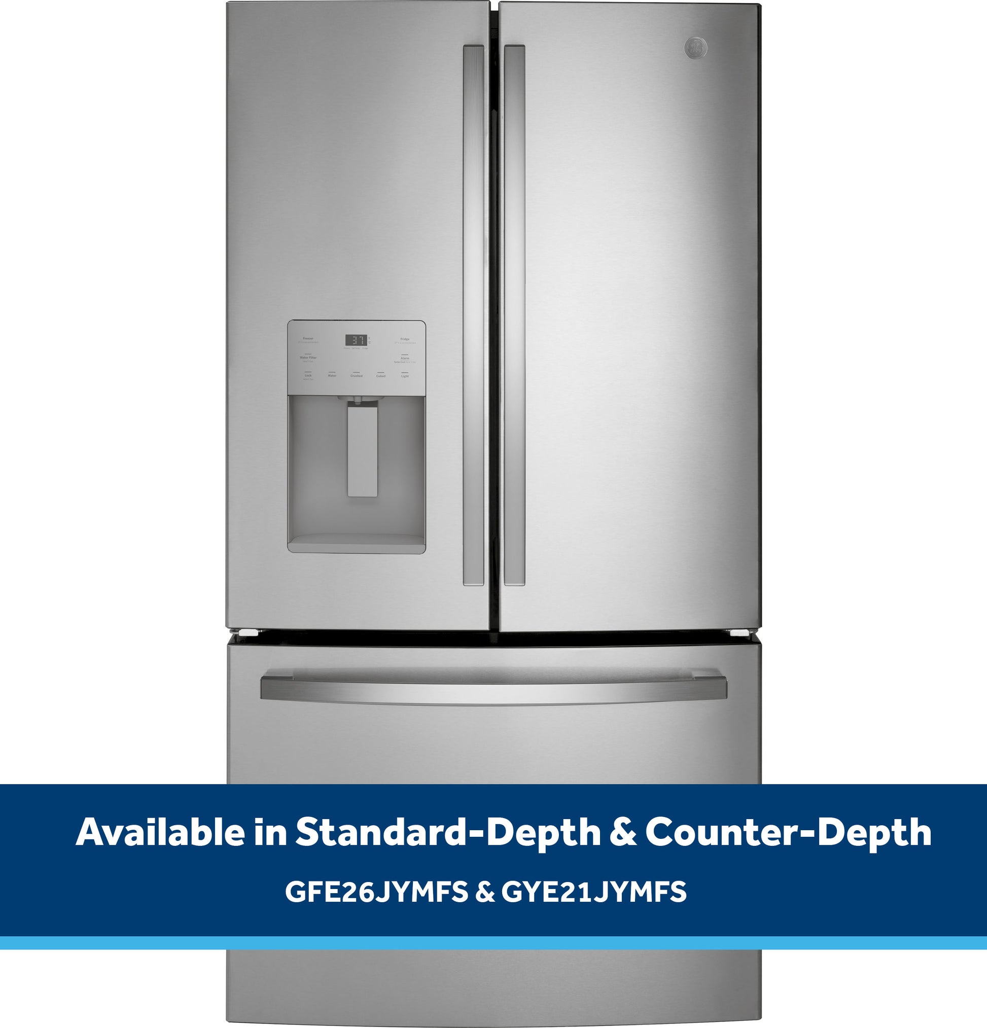 Fingerprint resistant stainless steel French-door refrigerator with bottom freezer and external water dispenser in appliances collection