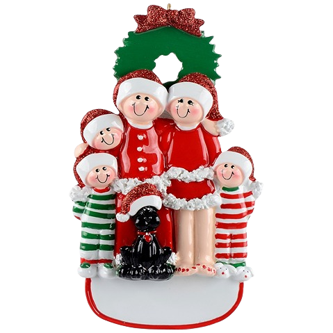 Cheerful family of five with black dog in festive red and green pajamas Christmas ornament under $50 collection