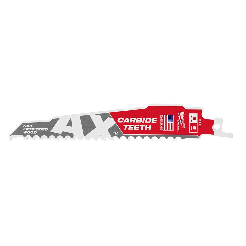 Carbide-tipped reciprocating saw blade with 5 teeth per inch for cutting wood with embedded nails in home improvement tasks