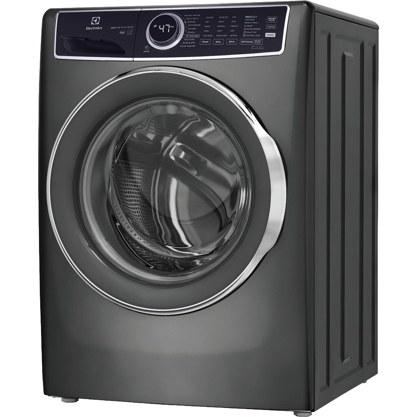 Dark gray front load washer with digital display and circular door in front load washers and appliances collection