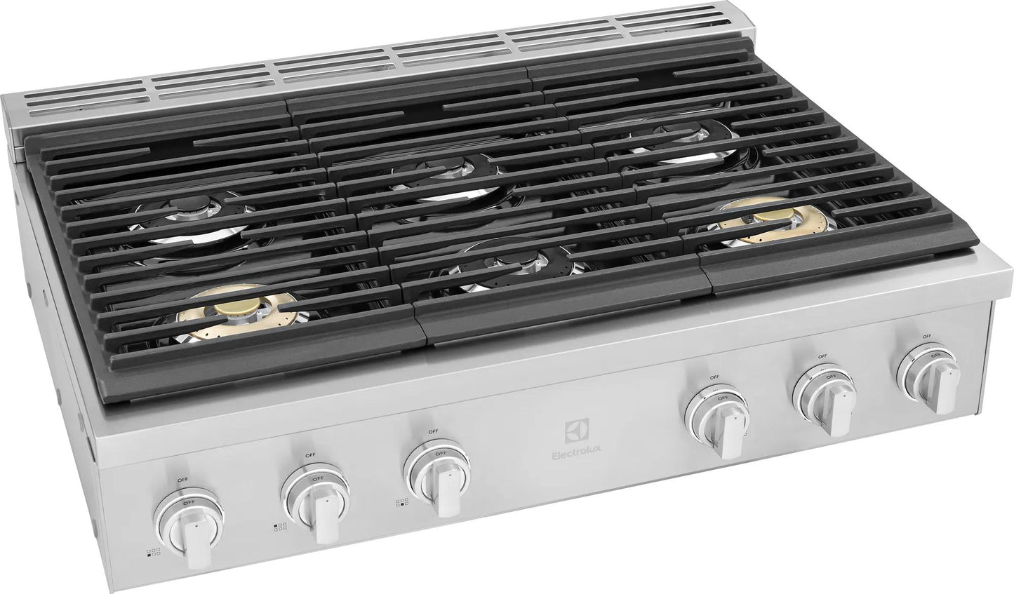 Electrolux stainless steel 36-inch gas rangetop with five burners, including two brass power burners from Gas Cooktops collection