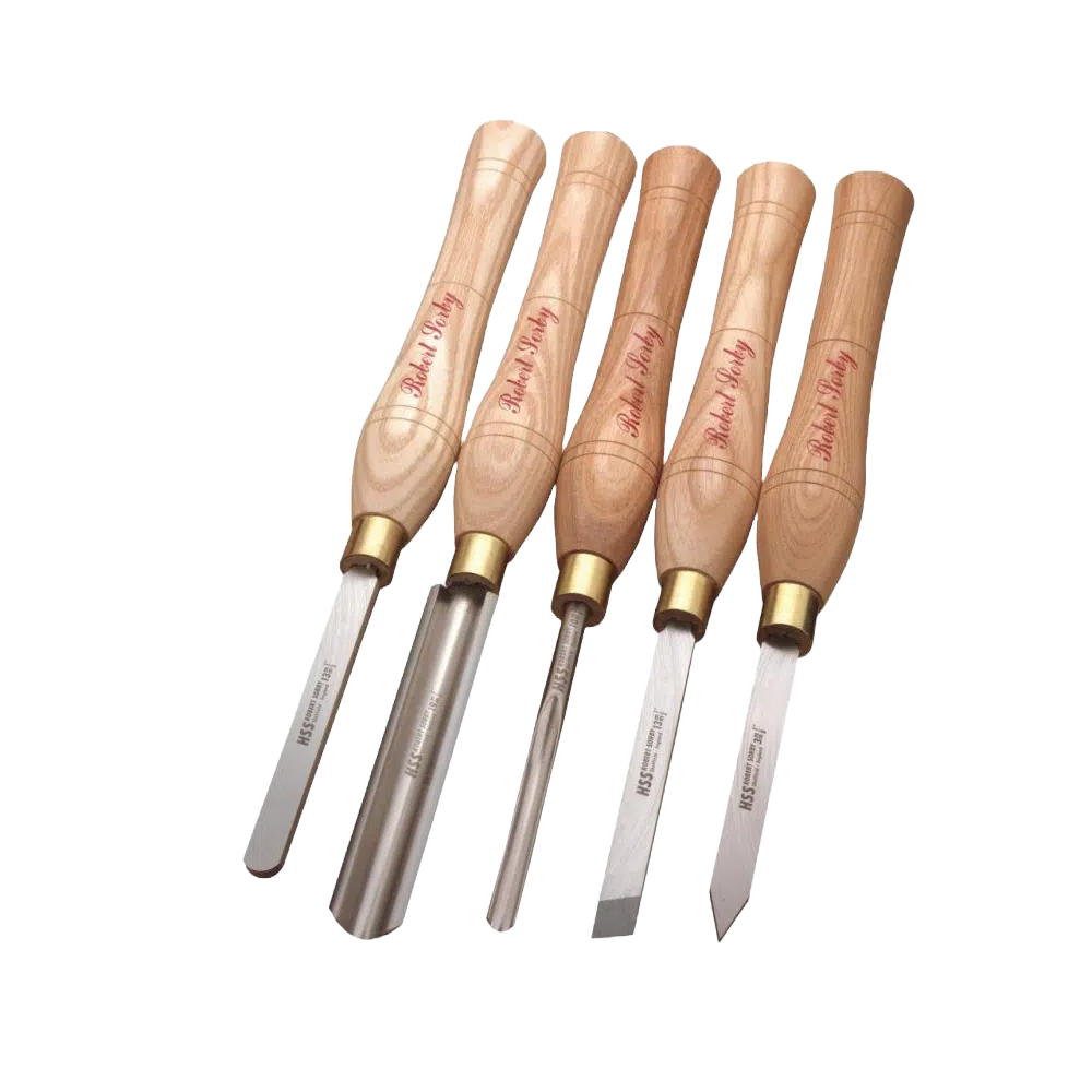 Set of five woodturning tools with polished wooden handles and various shaped steel blades for home improvement tasks