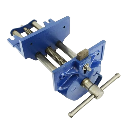 Blue metal woodworking bench vise with 7-inch jaws and steel guide rods for home improvement tasks
