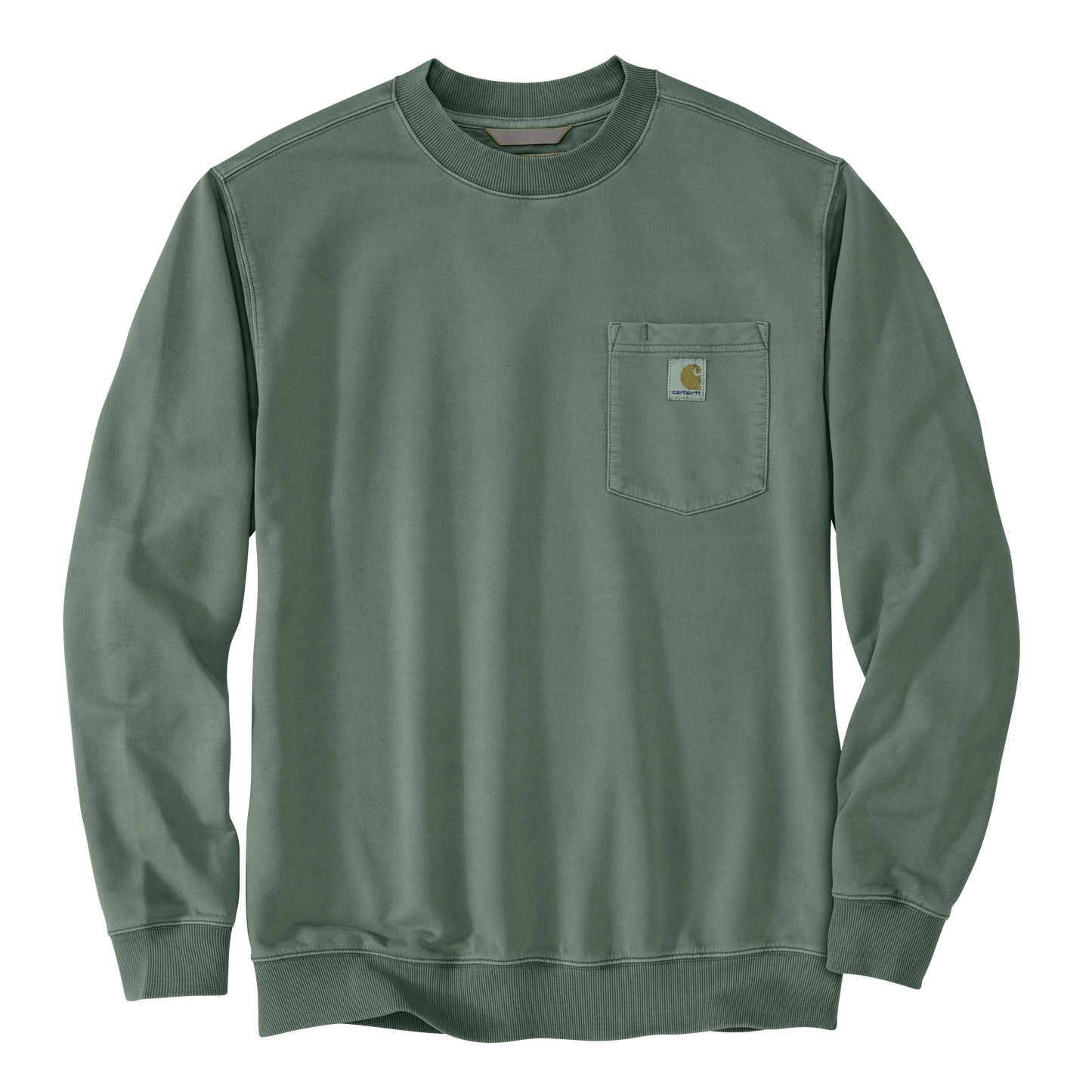 Men’s relaxed fit midweight garment-dyed French Terry crewneck sweatshirt in muted green with chest pocket and Carhartt logo patch, ideal for casual and workwear.
