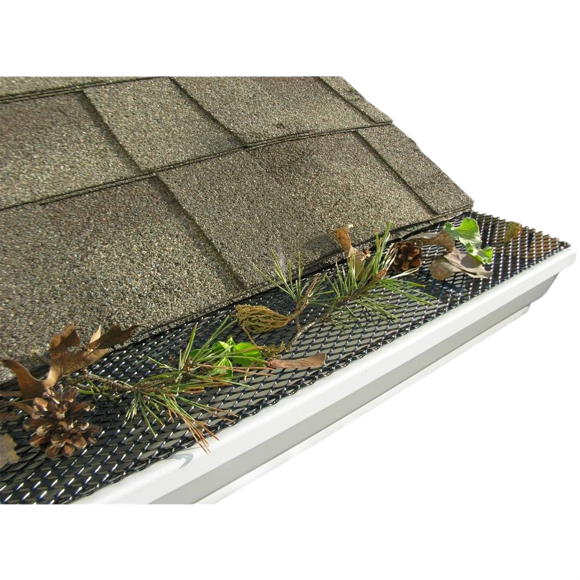 Black metal mesh lock-on gutter guard installed on white gutter with debris prevention for home improvement use