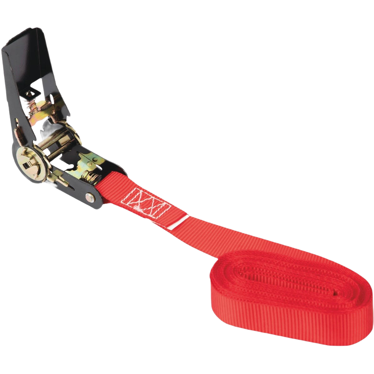 Red woven lashing strap with heavy-duty metal ratchet for securing cargo in tools and home improvement use
