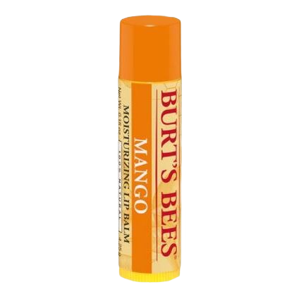 Tube of orange-capped moisturizing lip balm labeled with natural ingredients and mango scent for daily lip care