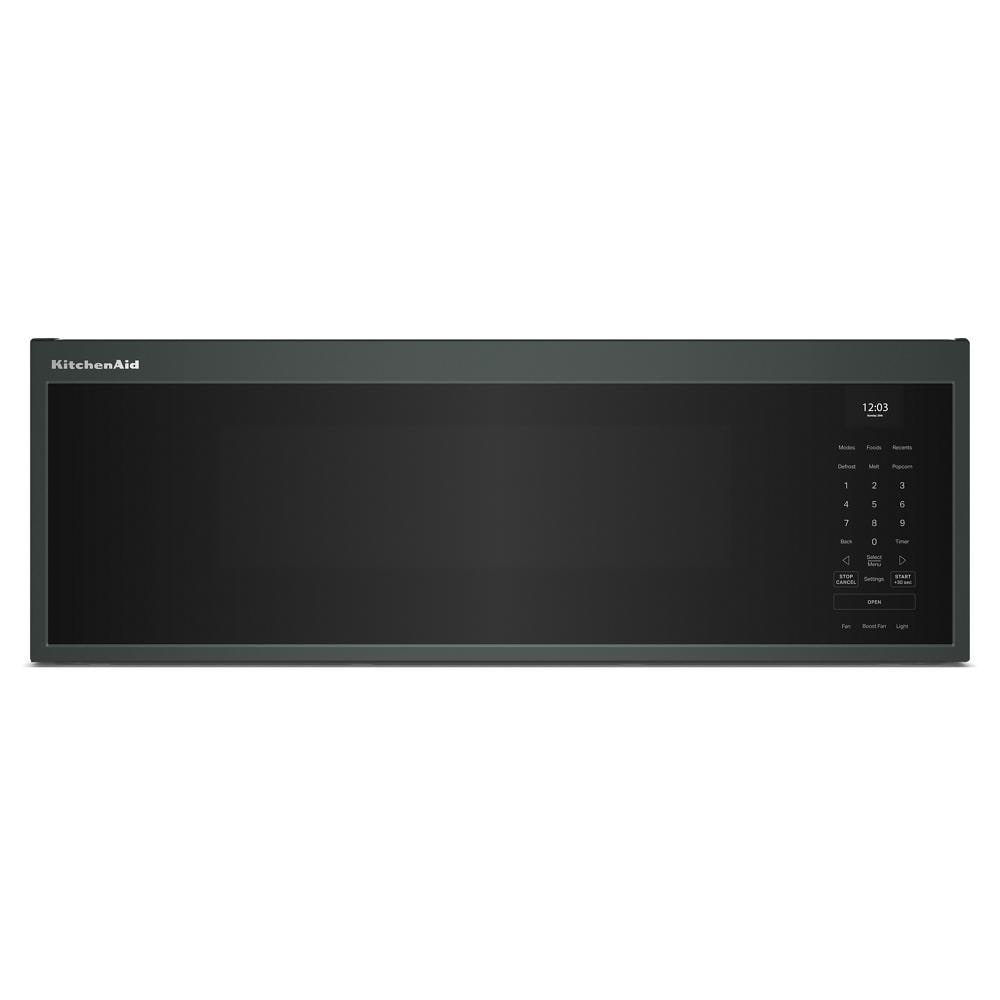 Sleek black low profile microwave hood with digital touch control and clock from KitchenAid Appliances collection