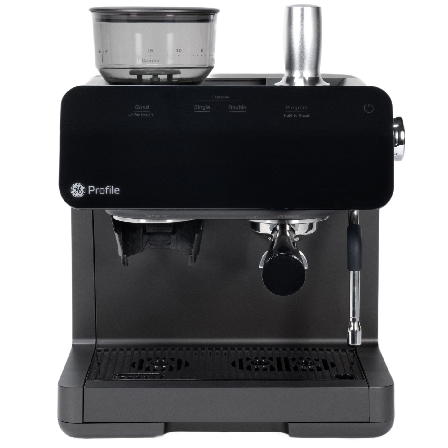 Black semi-automatic espresso machine with integrated frother and transparent bean hopper for precise coffee brewing