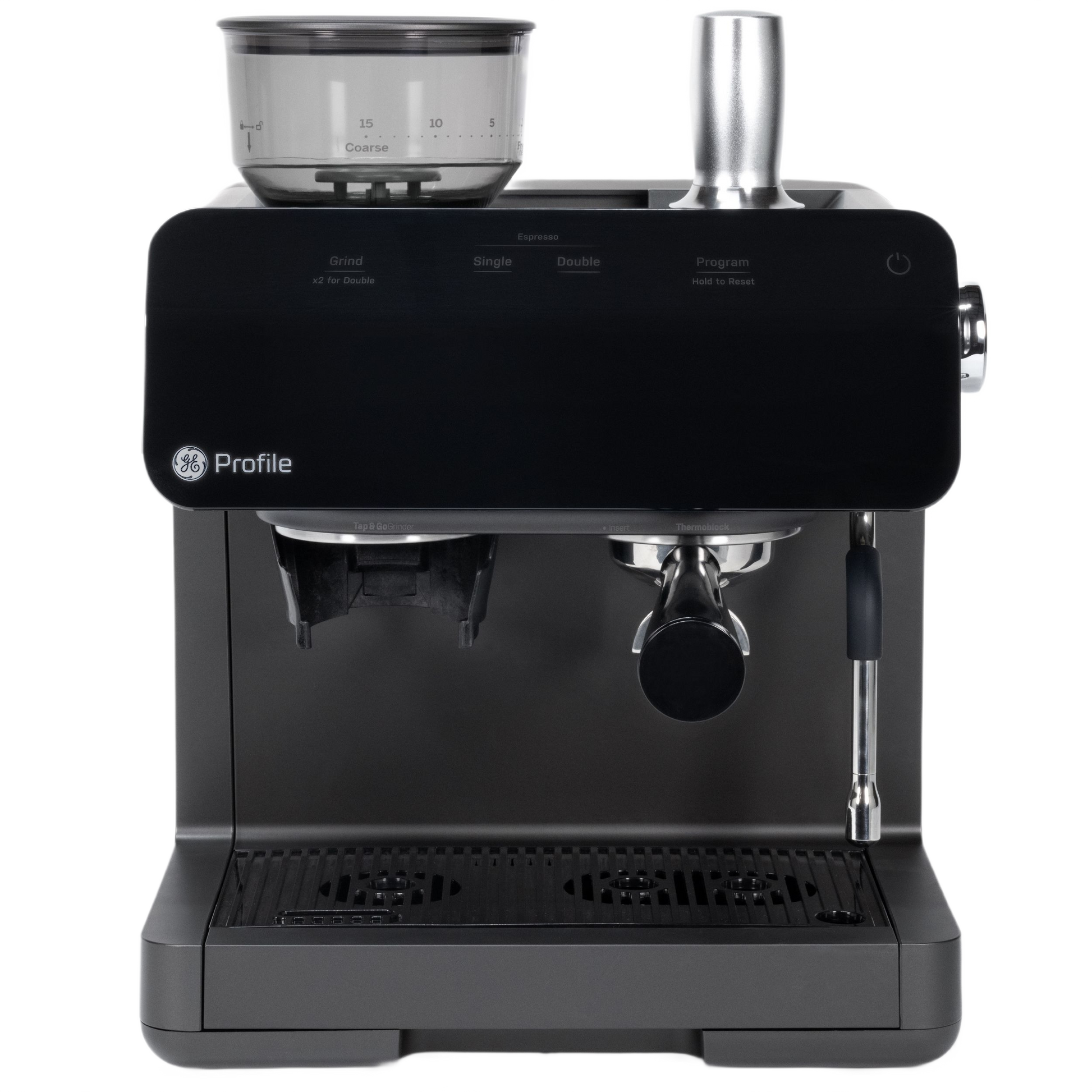 Black semi-automatic espresso machine with integrated frother and transparent bean hopper for precise coffee brewing