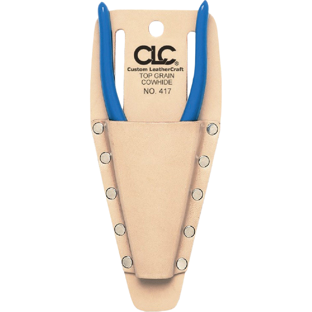 Top grain leather tool holder with riveted seams and blue-handled pliers for woodworking and home improvement use