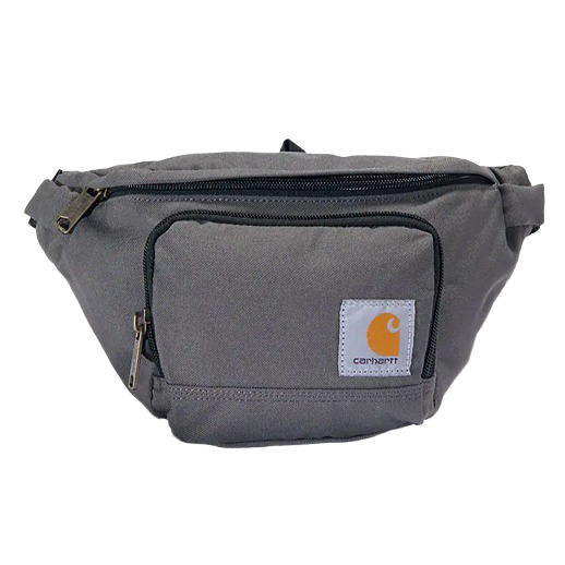 Gray fabric waist pack with front pocket and logo patch, designed for everyday carry in accessories and bags collections under $50