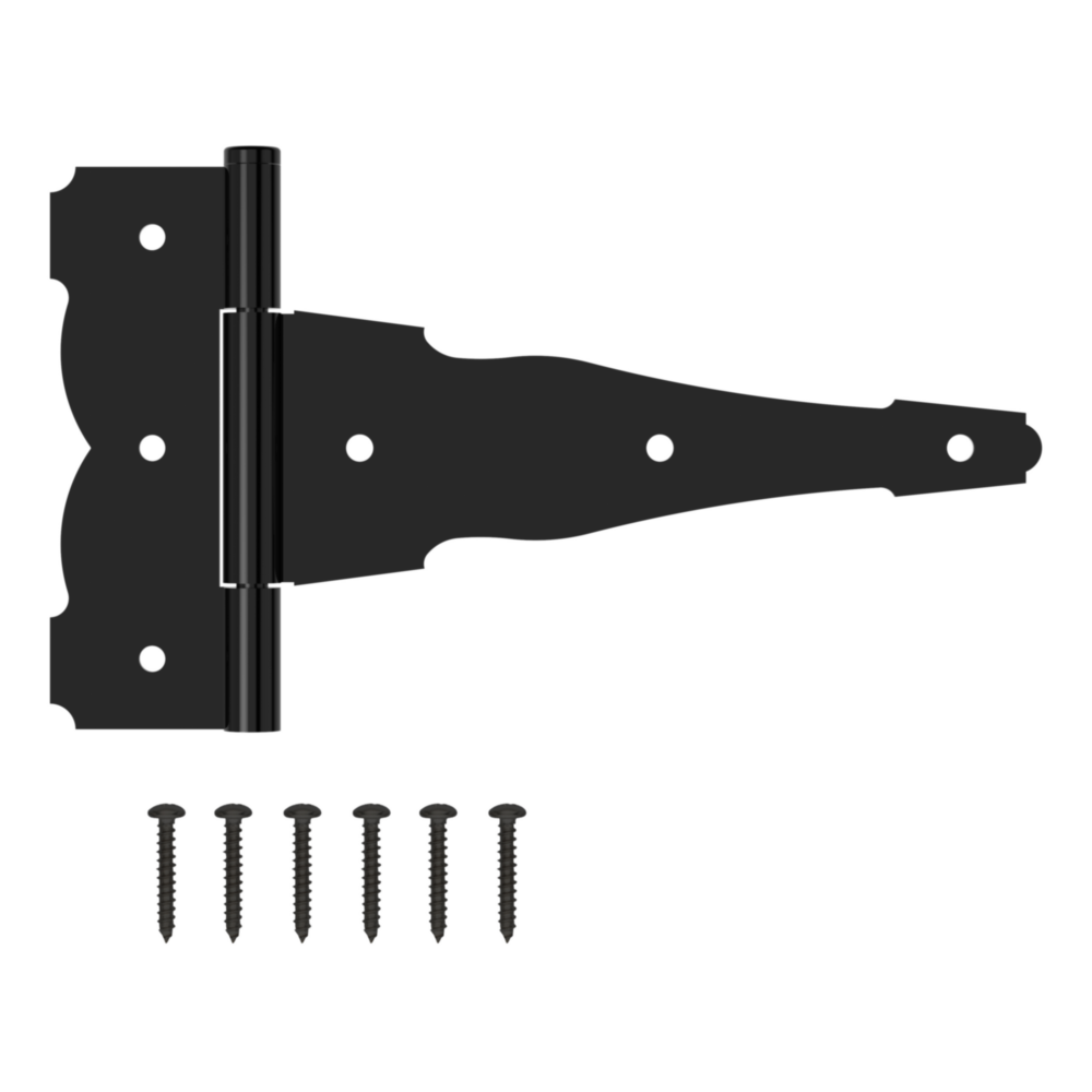 Black decorative 10-inch T-hinge with offset screw holes and mounting screws for durable gate hardware in home improvement tools