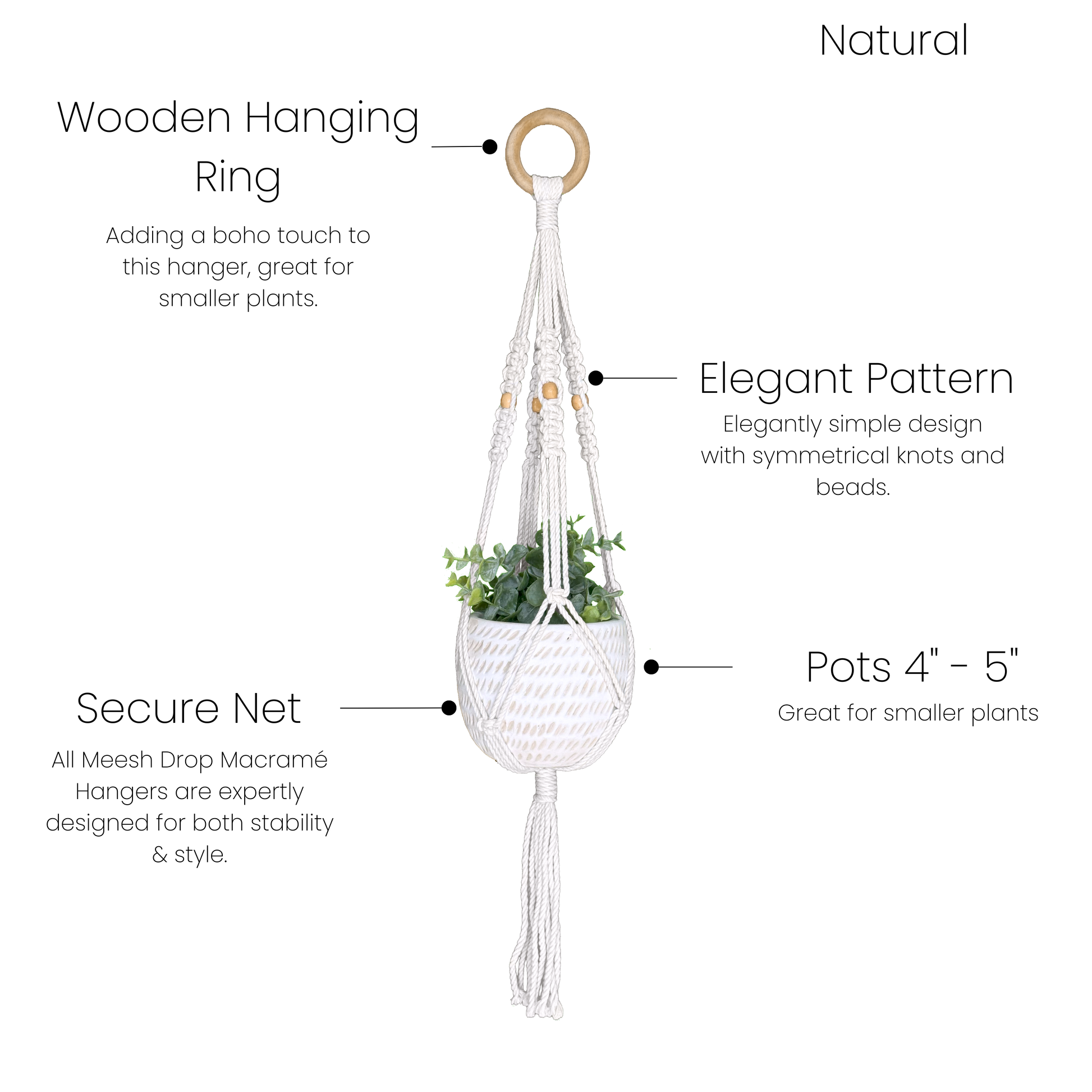 Natural cotton macrame plant hanger with wooden ring and textured pattern for home accents and decor under $50 category