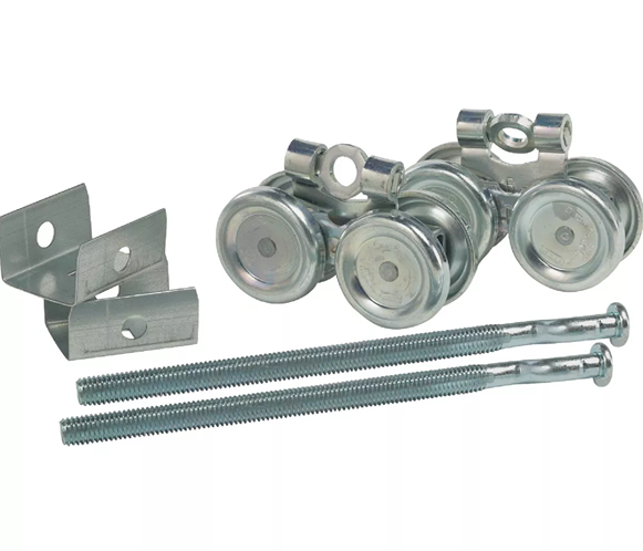 Zinc-plated box rail offset bolt barn door hanger with metal rollers and mounting brackets in hardware and barn door collections